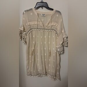 Harper size medium Elegant Cream Women's Top with Pom-Pom polka dot
